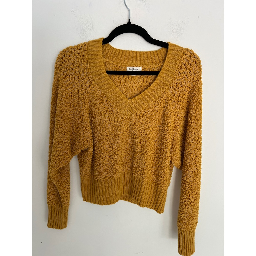 Full Circle Trends Mustard Yellow Popcorn Knit V-Neck Cropped Sweater Women's M